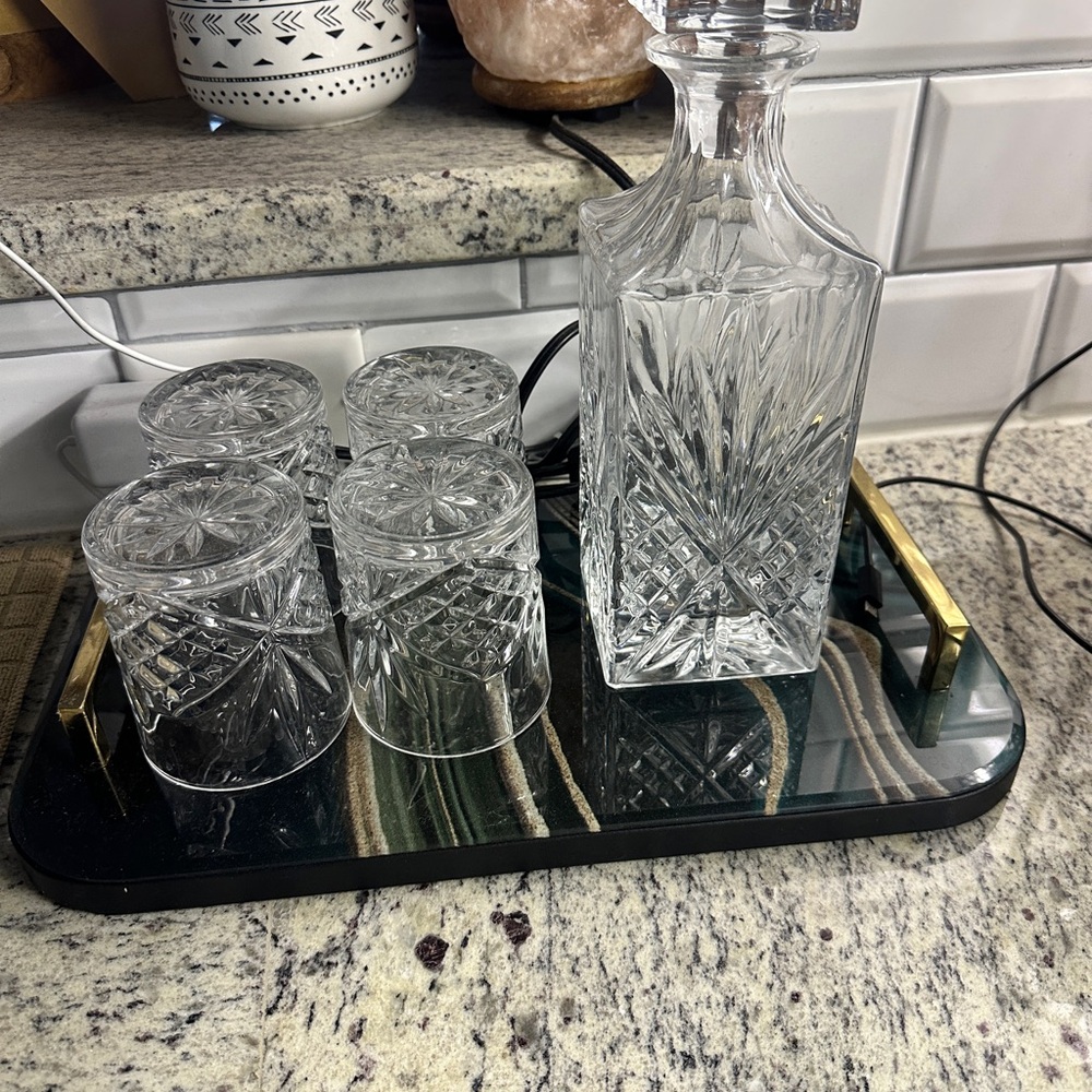 Crystal Decanter Set with Glasses on Black and Gold Tray